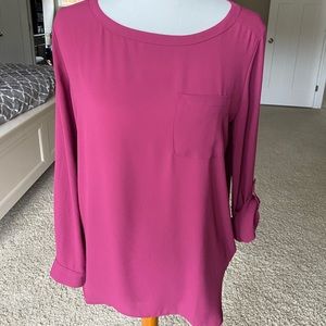 LOFT Purple Pocket Blouse Tab Sleeve EUC S